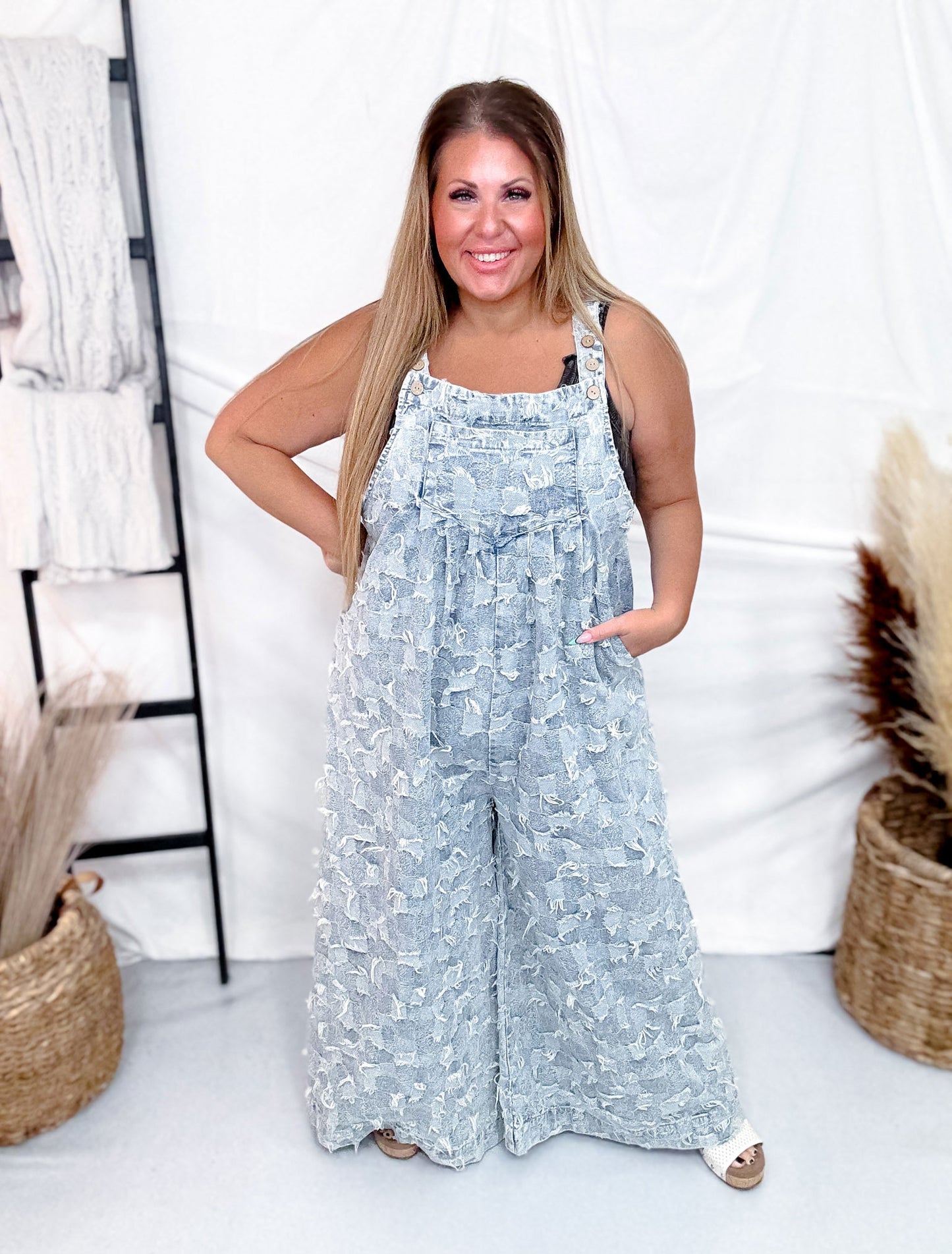 Frayed Checkered Denim Wide Leg Overalls