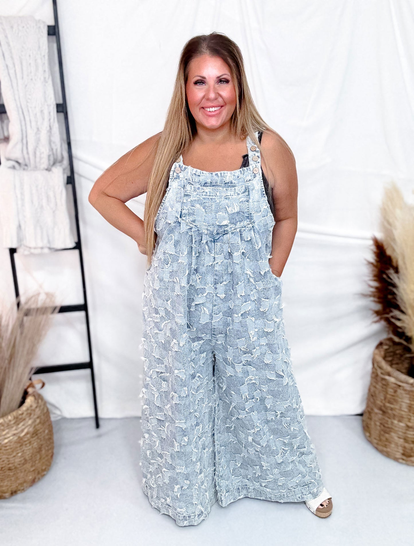 Frayed Checkered Denim Wide Leg Overalls