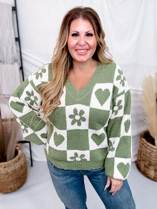 Grass Green & Ivory Heart & Flower Checkered Sweater