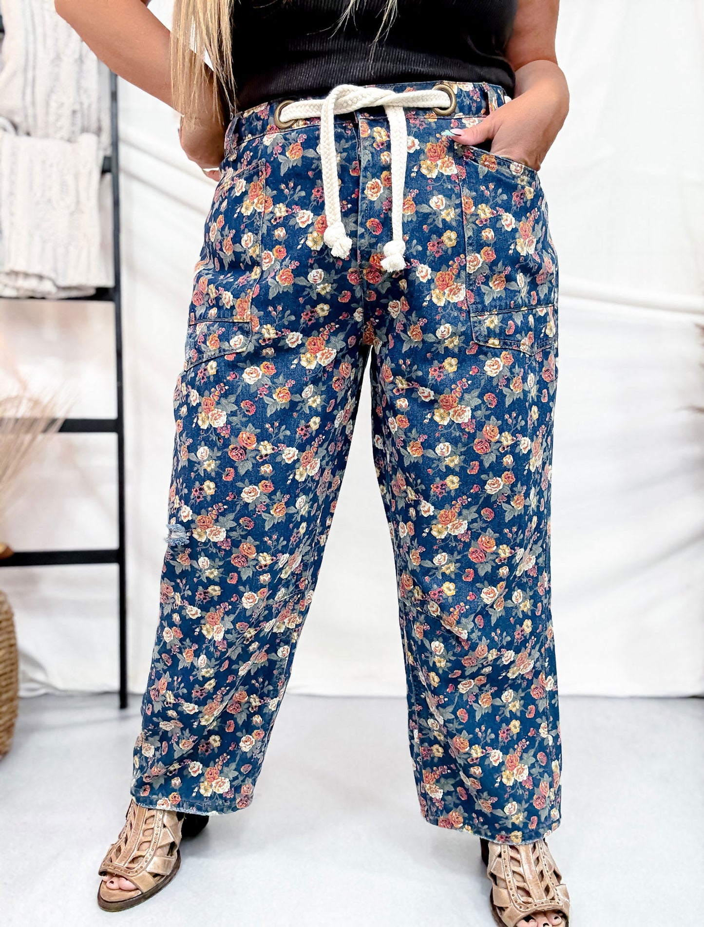 Mineral Washed Denim Pants With Ditsy Floral Print