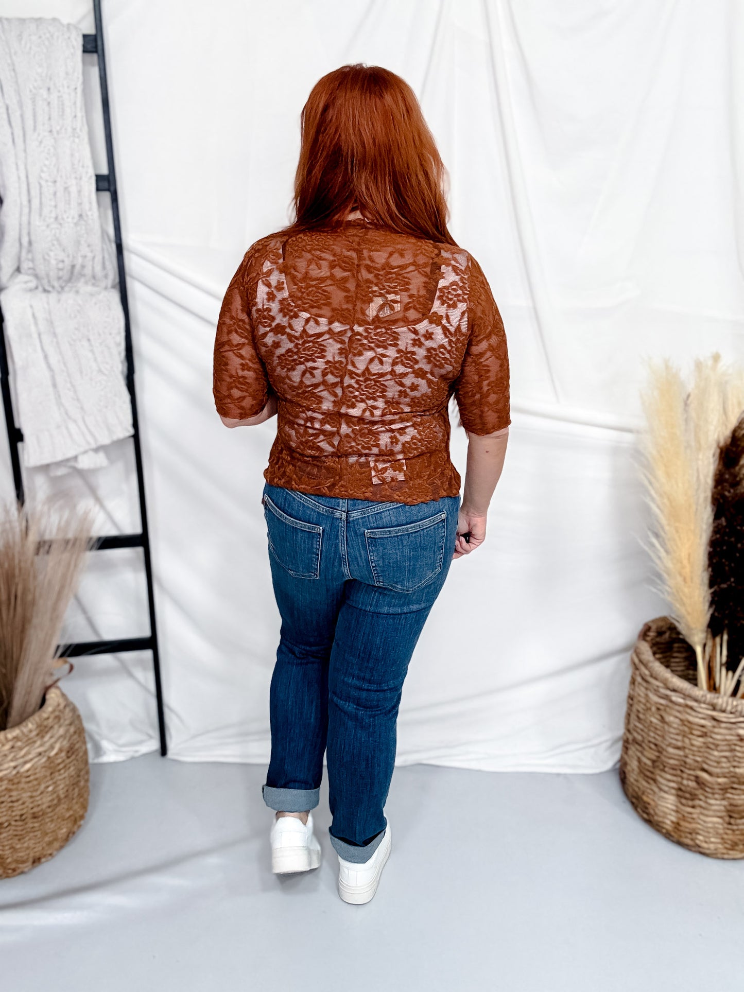 Brown Lace Mesh Top With 3/4 Sleeves