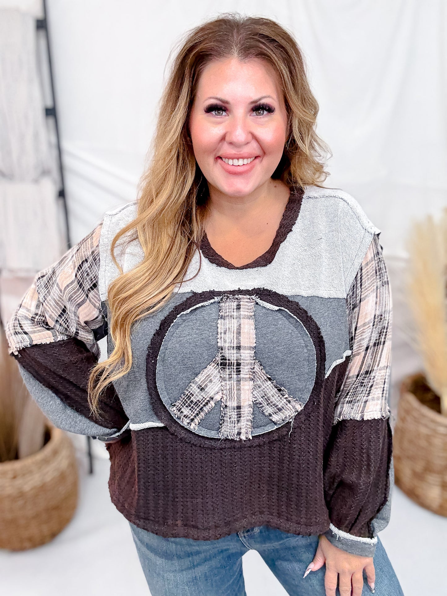 Mixed Print Patchwork Peace Sign Midi Sweater