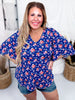Blue and Orange Floral Top with Half Bell Sleeves