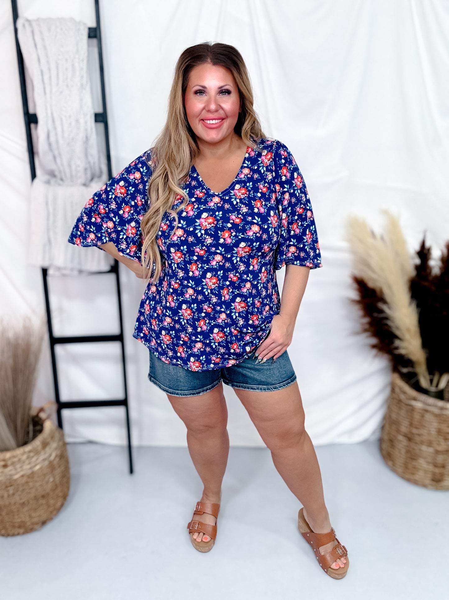 Blue and Orange Floral Top with Half Bell Sleeves