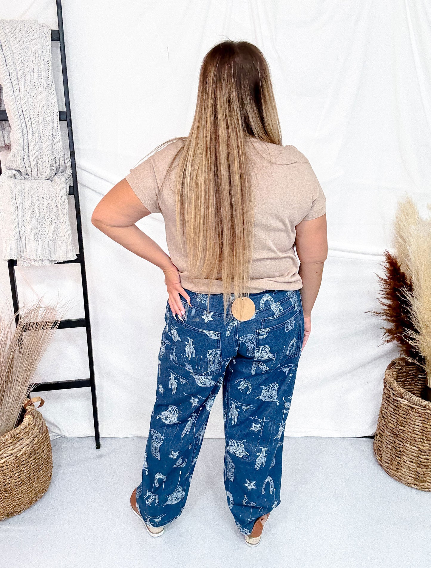 Mineral Washed Denim Pants With Western Print