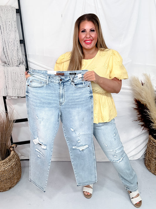 Judy Blue Mid Rise Single Cuff Distressed Boyfriend Jeans