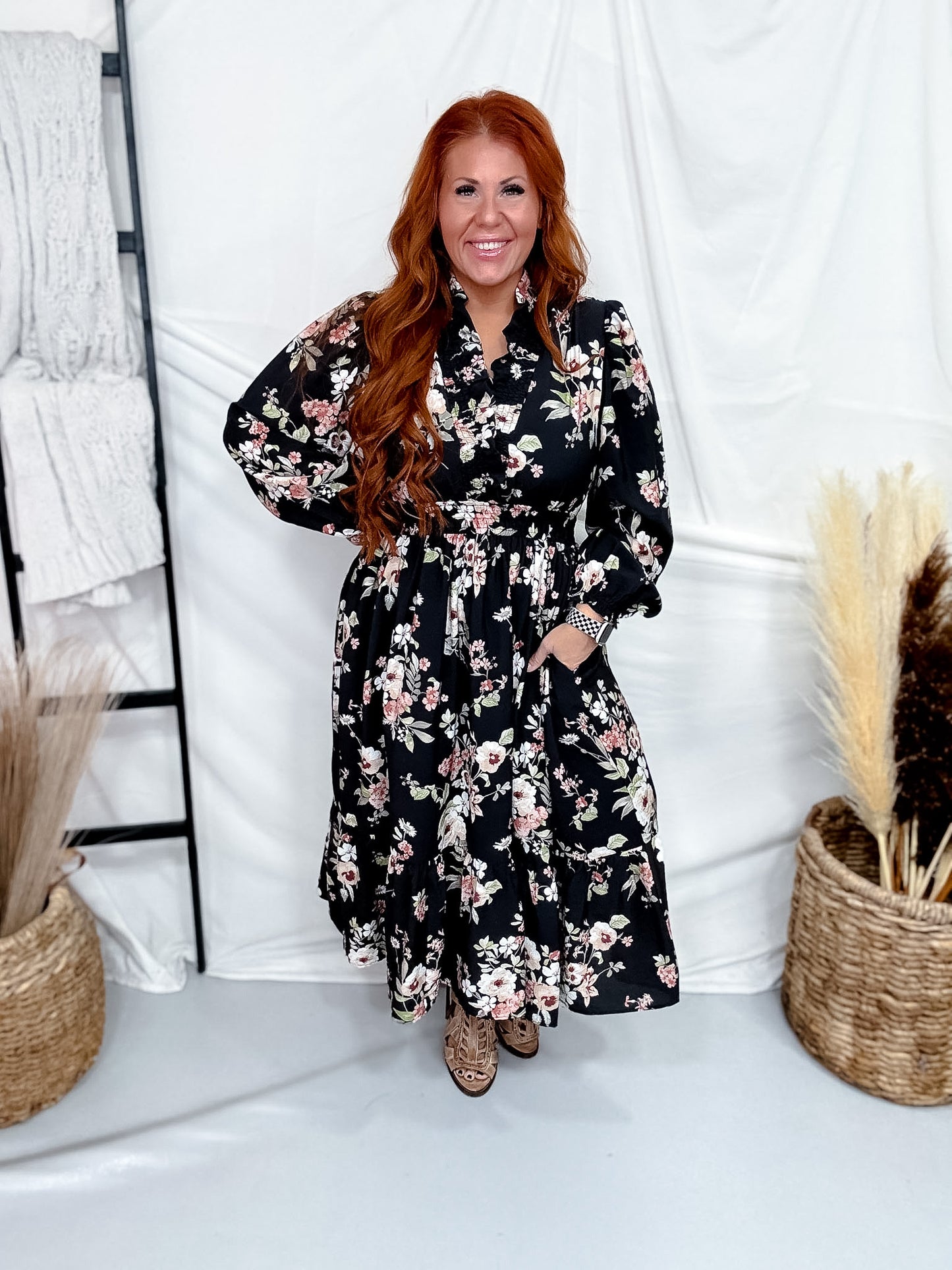 Botanical Floral Print Midi Dress With Tiered Hem