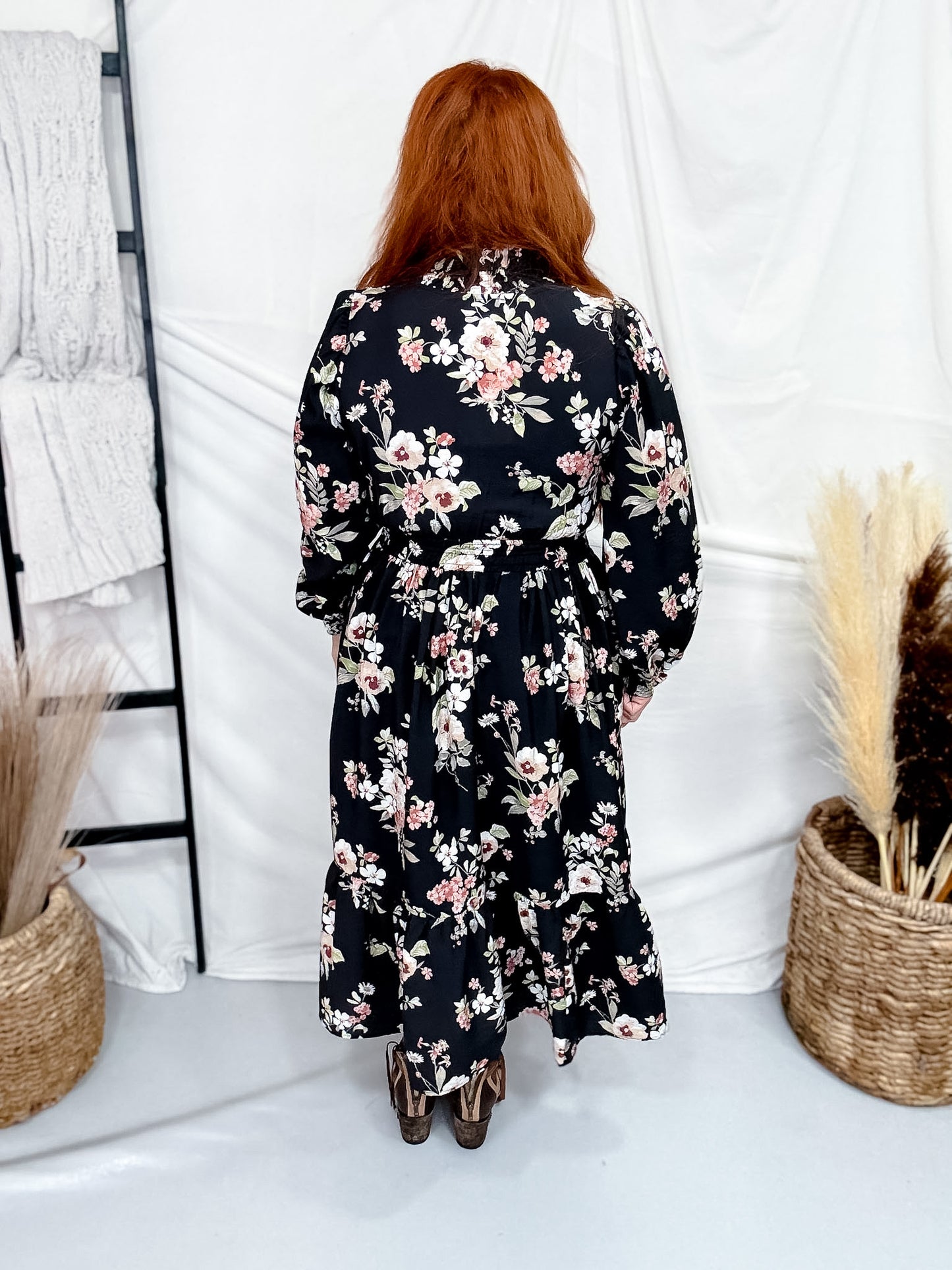 Botanical Floral Print Midi Dress With Tiered Hem