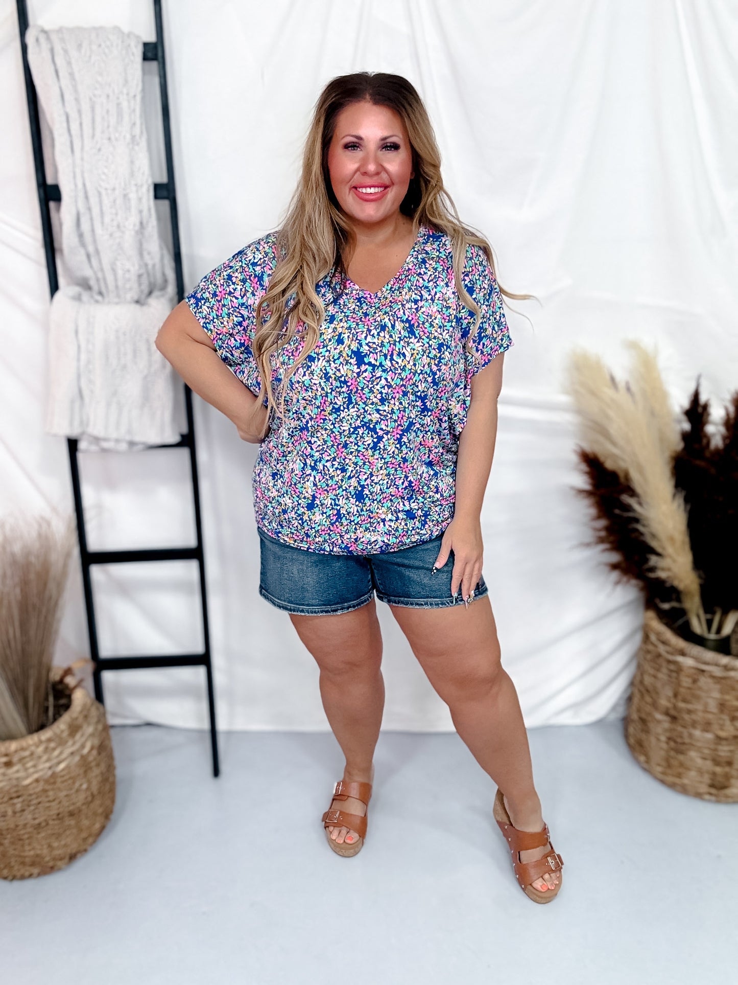 Dolman Sleeve Top with Short Sleeves in Blue Floral