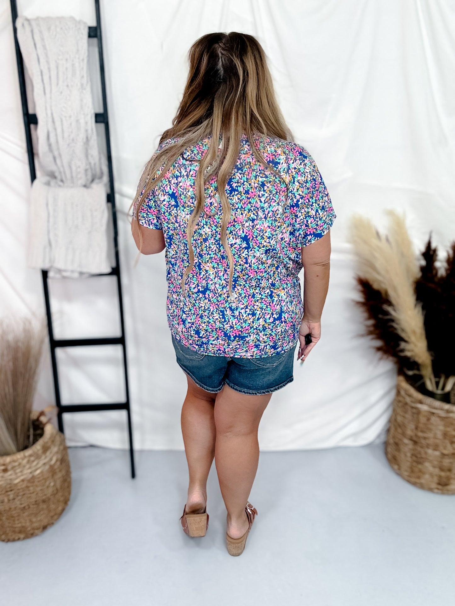 Dolman Sleeve Top with Short Sleeves in Blue Floral