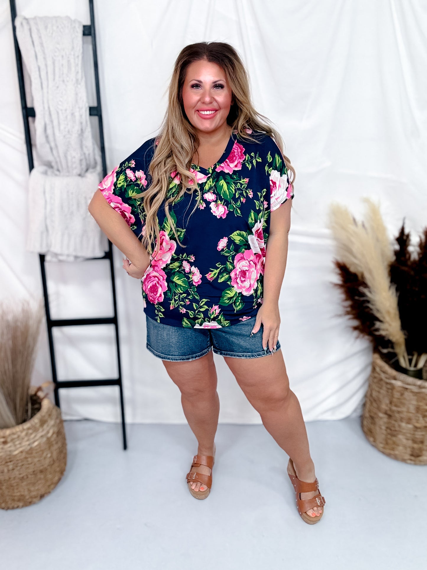 Navy and Pink Rose Print Dolman Sleeve Top