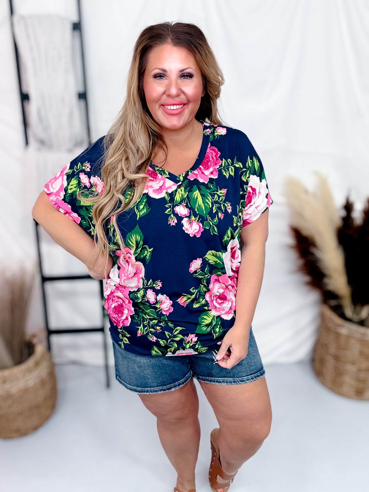 Navy and Pink Rose Print Dolman Sleeve Top