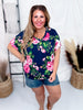 Navy and Pink Rose Print Dolman Sleeve Top