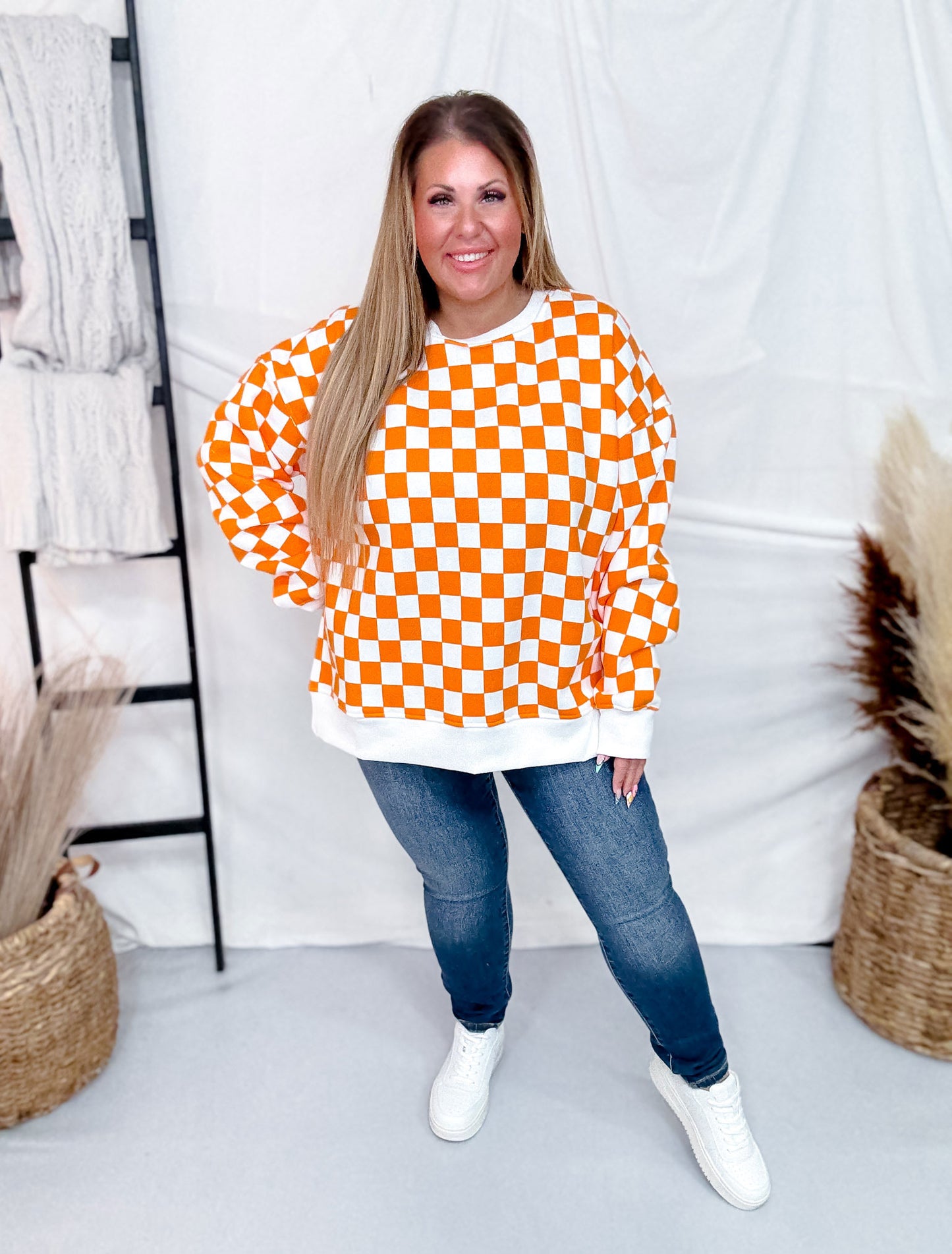 Orange & White Checkered Pull Over Sweatshirt