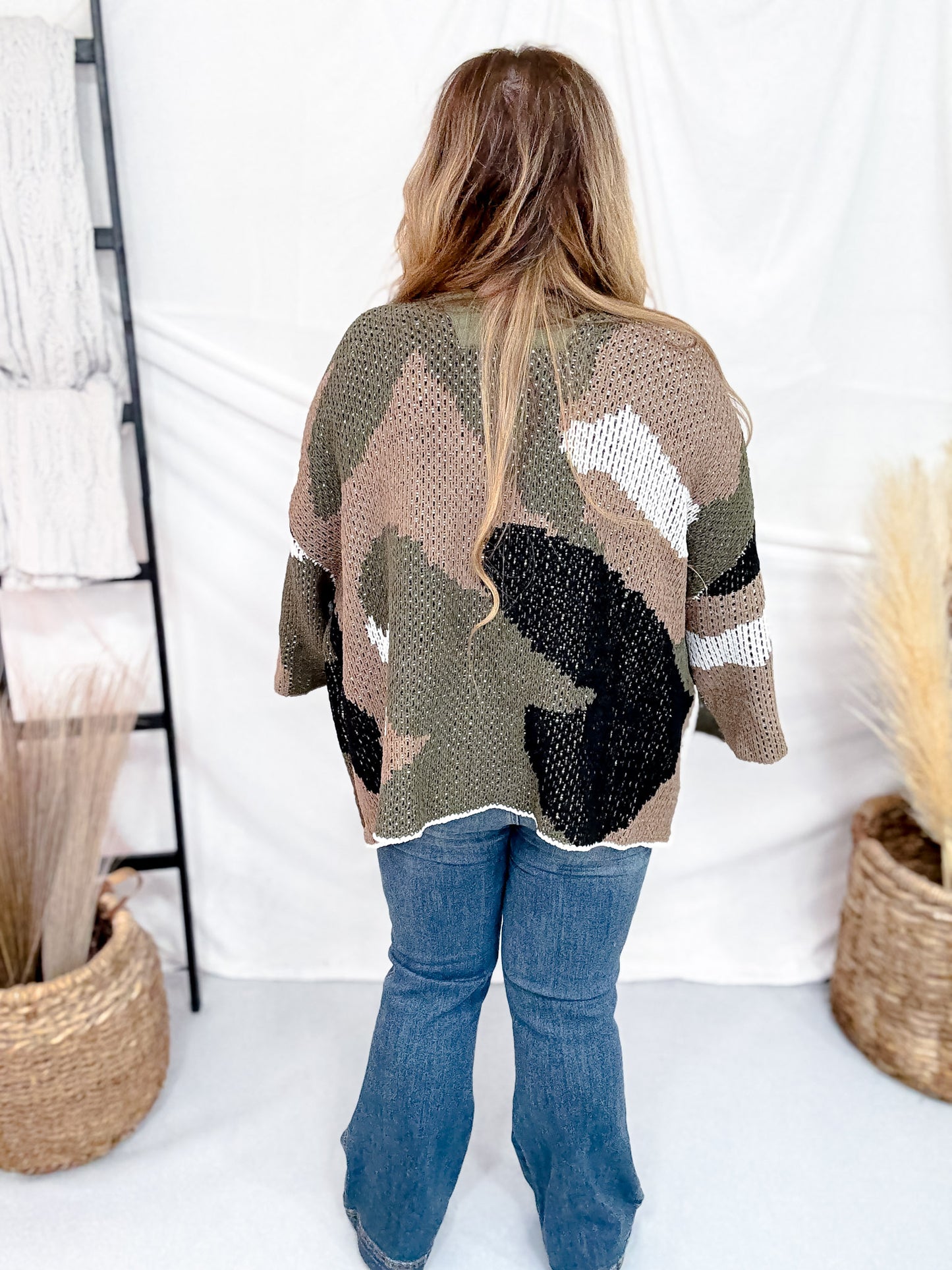 Relaxed Fit 3/4 Sleeve Camo Cardigan W/ Dropped Shoulders