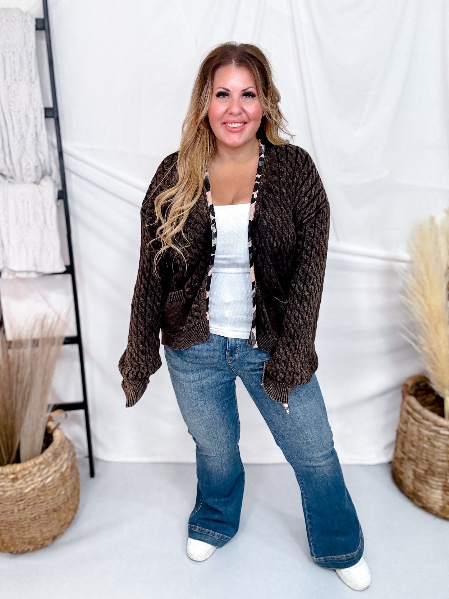 Long Sleeve Relaxed Fit Open Cable Knit Cardigan