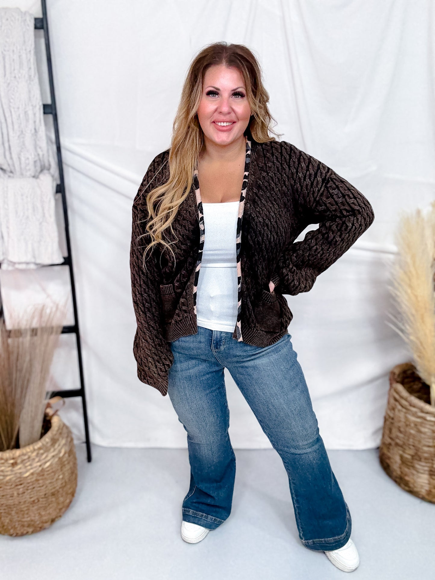 Long Sleeve Relaxed Fit Open Cable Knit Cardigan