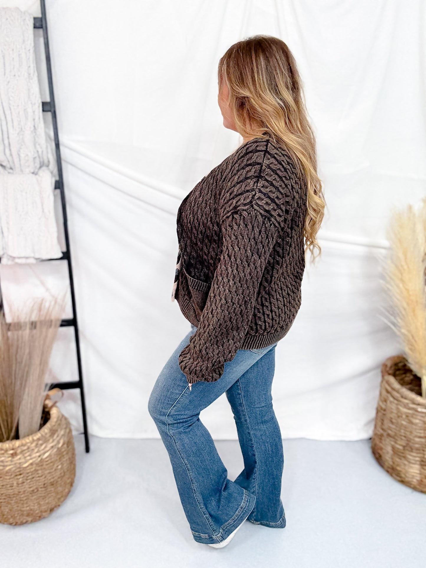Long Sleeve Relaxed Fit Open Cable Knit Cardigan