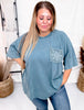 Crochet Pocket Faded Teal Mineral Washed Short Sleeve Top