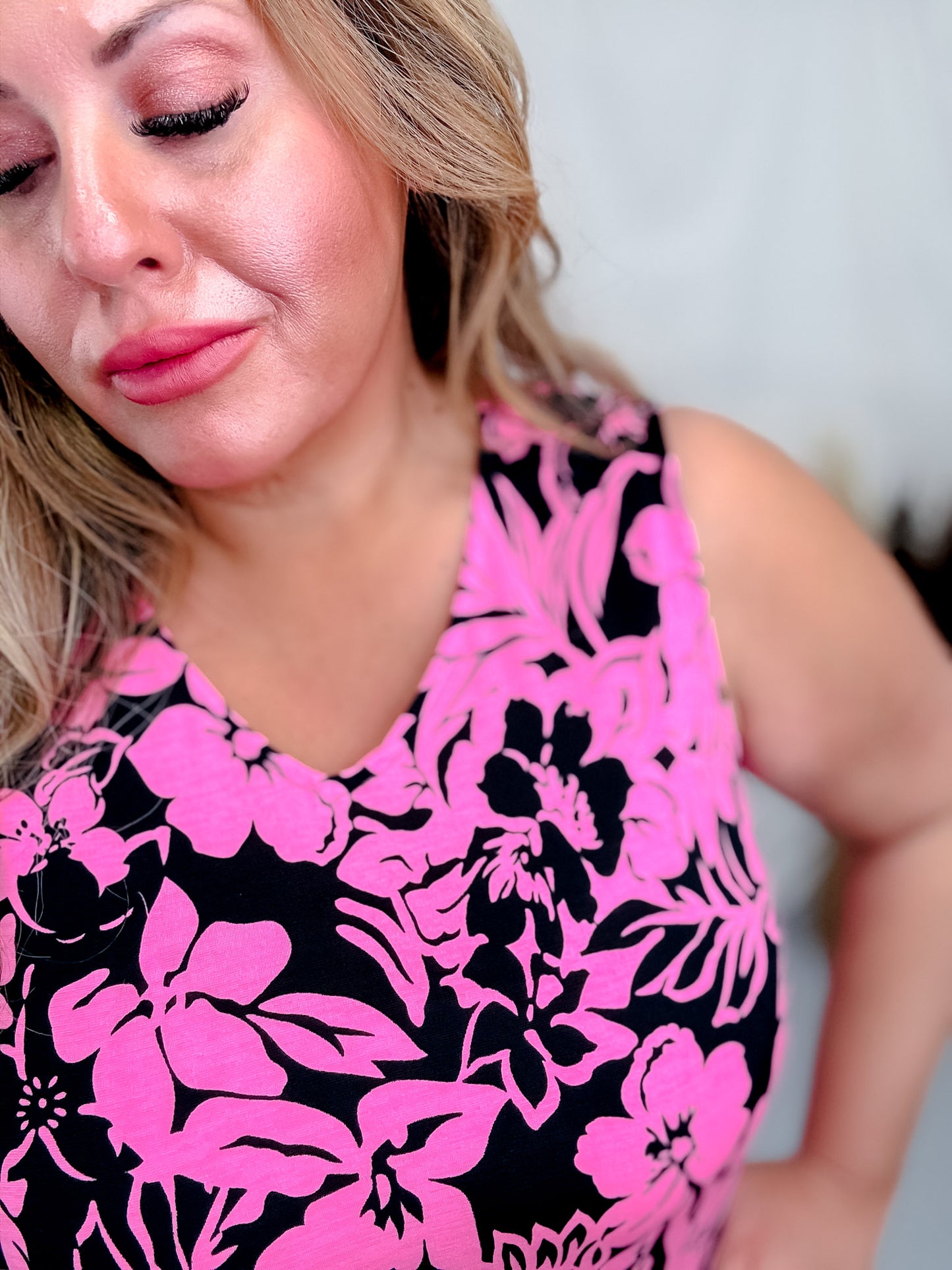 Sleeveless Black and Pink Floral V-Neck Top