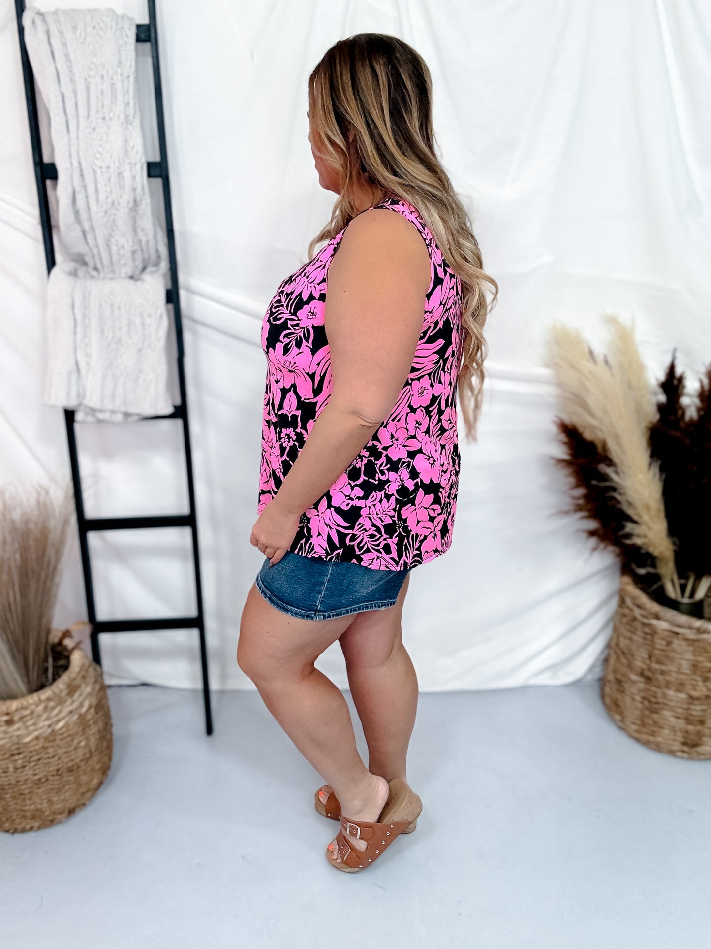 Sleeveless Black and Pink Floral V-Neck Top
