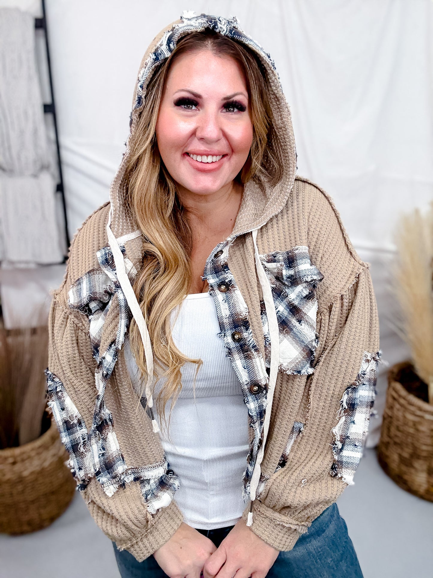 Waffle Knit Hi-Low Midi Hoodie With Plaid Accents