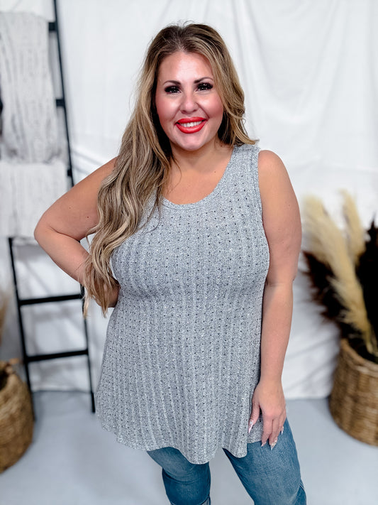 Charcoal Ribbed Knit Tank Top with Rhinestones