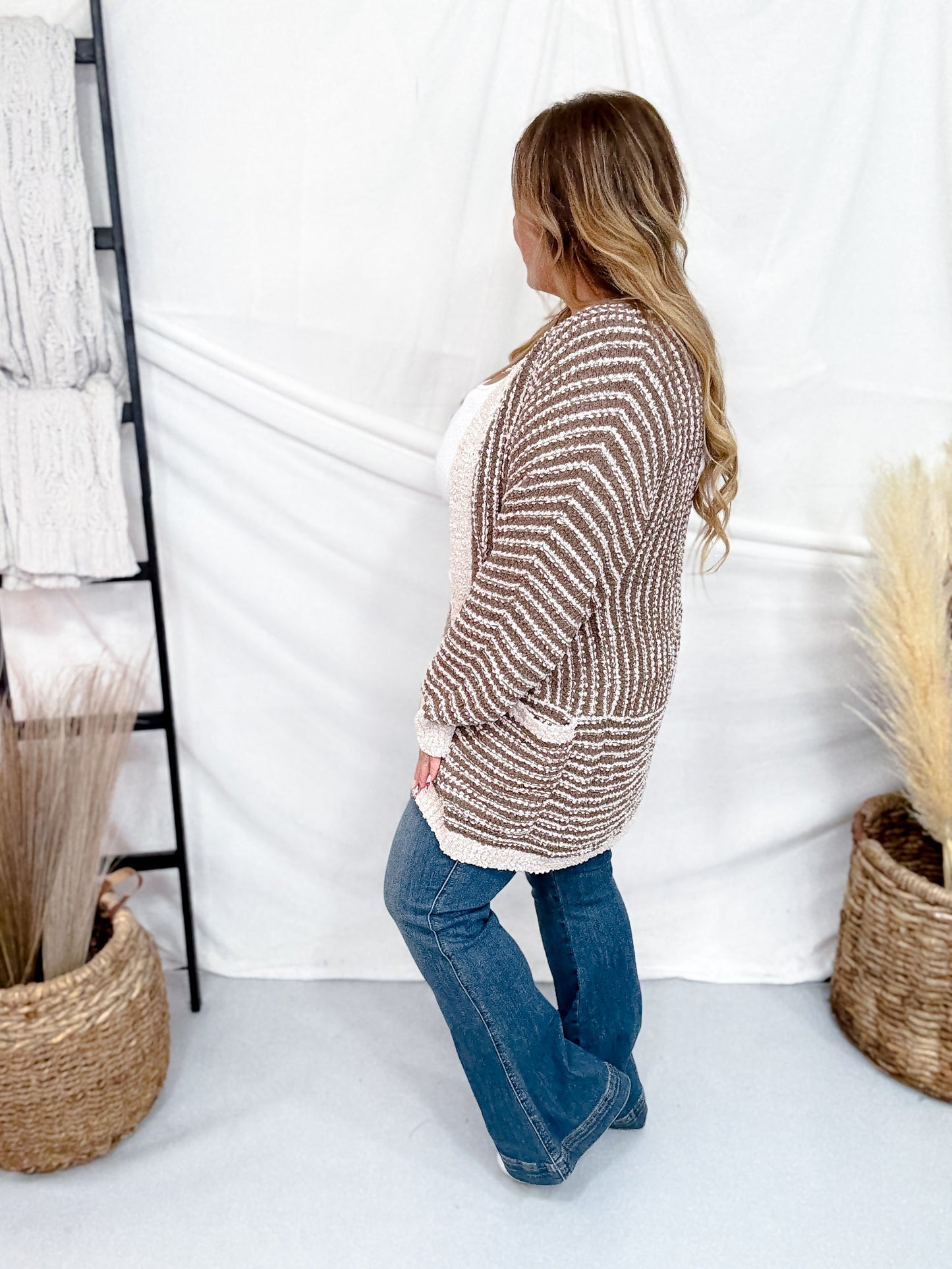 Long Sleeve Brown & Sand Open Knit Cardigan