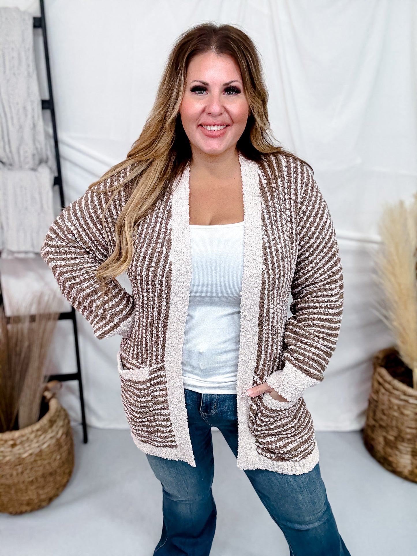 Long Sleeve Brown & Sand Open Knit Cardigan
