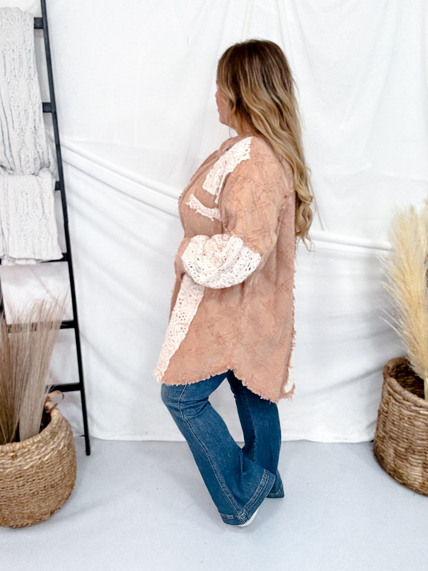 Peach Jam Long Sleeve Shacket W/ Crochet Detail