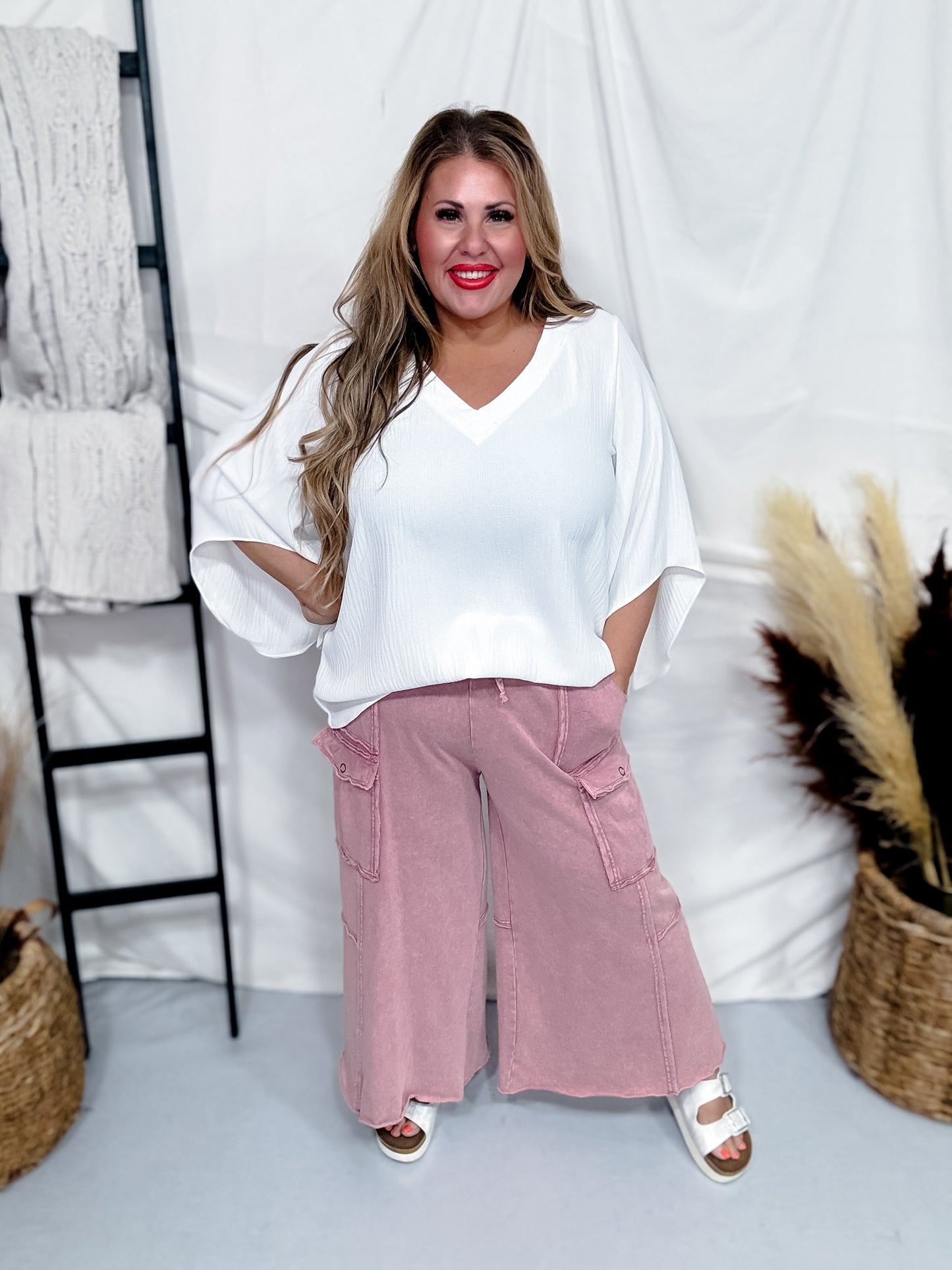 Wide Leg Pull On Cargo Pants in Faded Plum