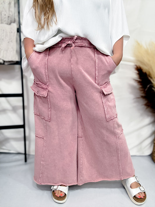 Wide Leg Pull On Cargo Pants in Faded Plum