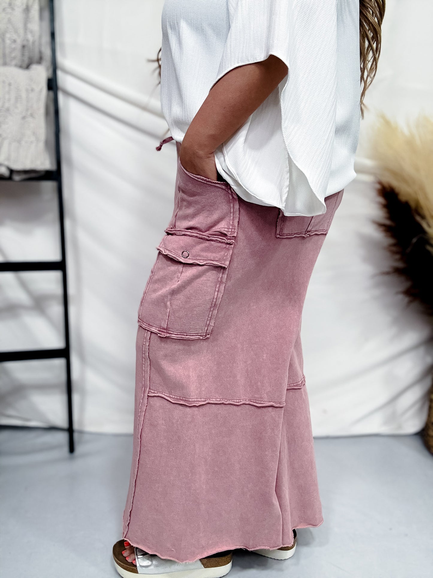 Wide Leg Pull On Cargo Pants in Faded Plum