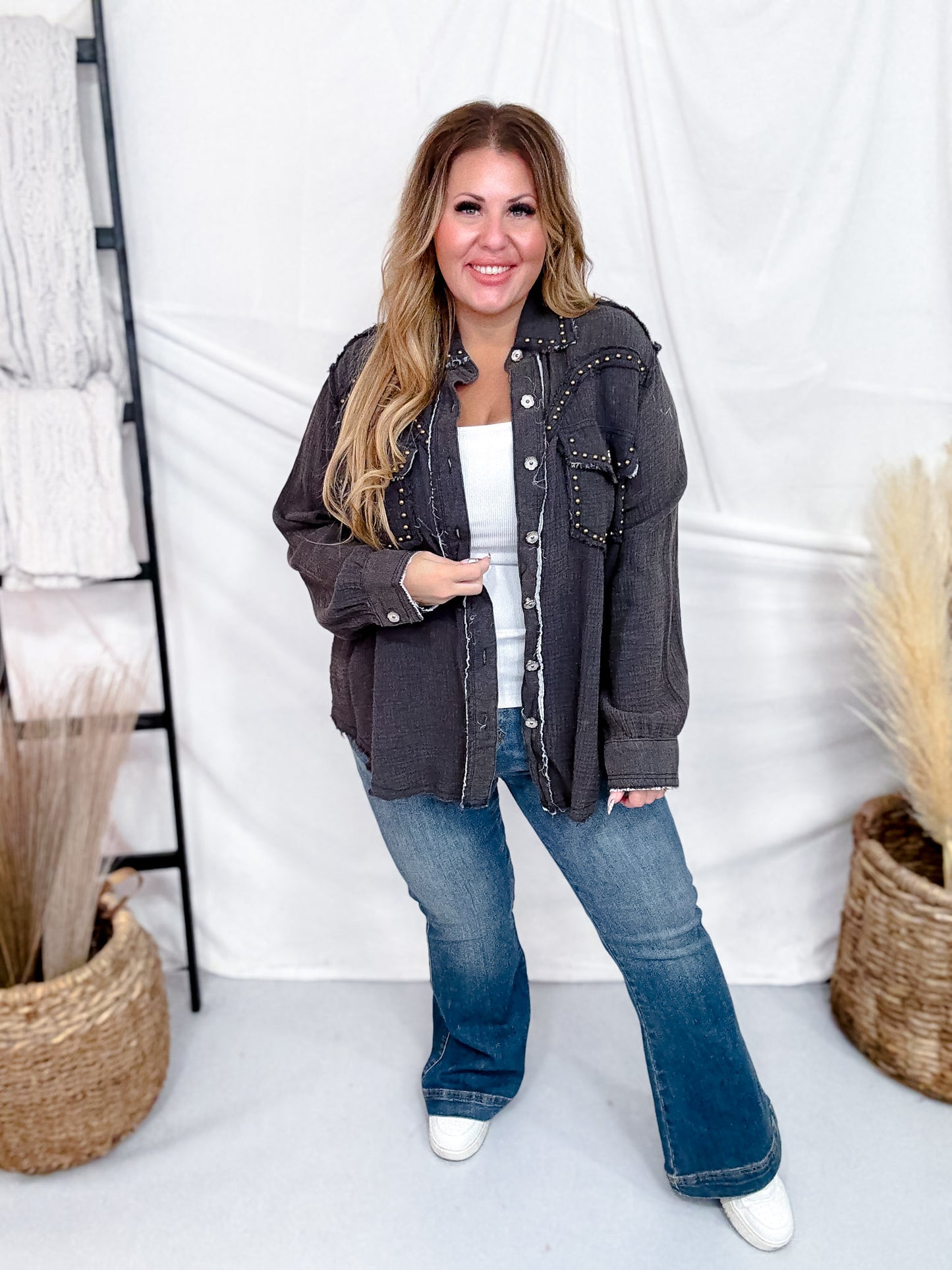 Long Sleeve Deep Charcoal Button Down Top W/ Studding Details