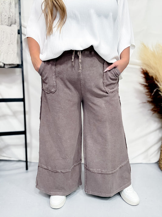 Espresso Brown Mineral Washed Terry Knit Palazzo Pants