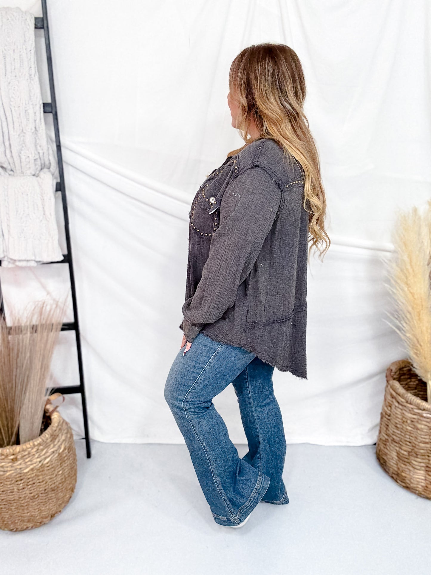 Long Sleeve Deep Charcoal Button Down Top W/ Studding Details