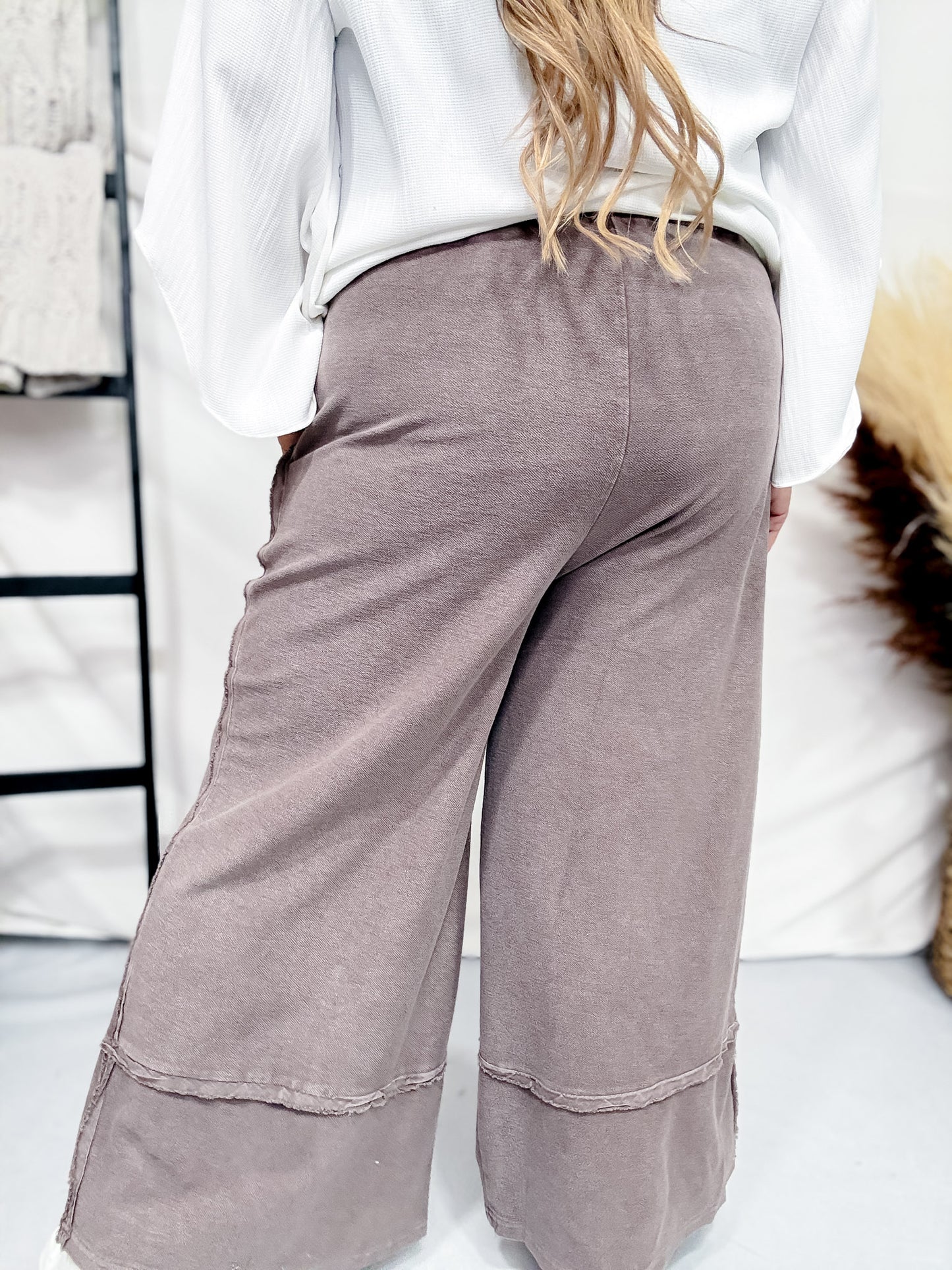 Espresso Brown Mineral Washed Terry Knit Palazzo Pants