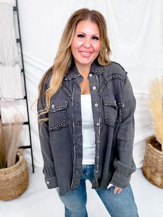 Long Sleeve Deep Charcoal Button Down Top W/ Studding Details