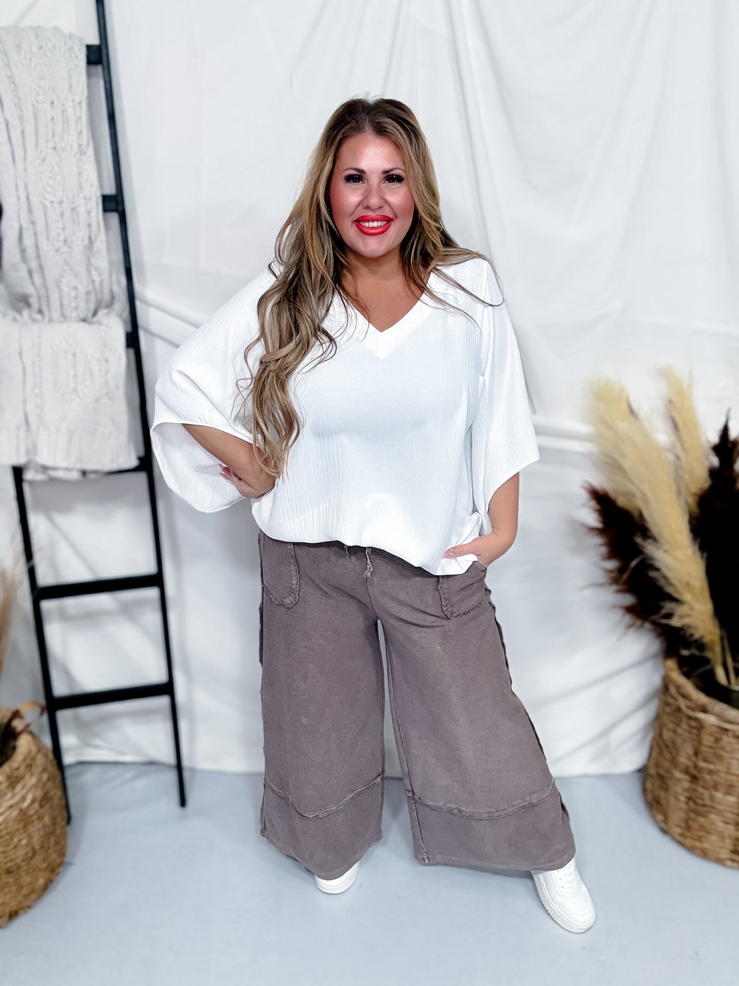 Espresso Brown Mineral Washed Terry Knit Palazzo Pants