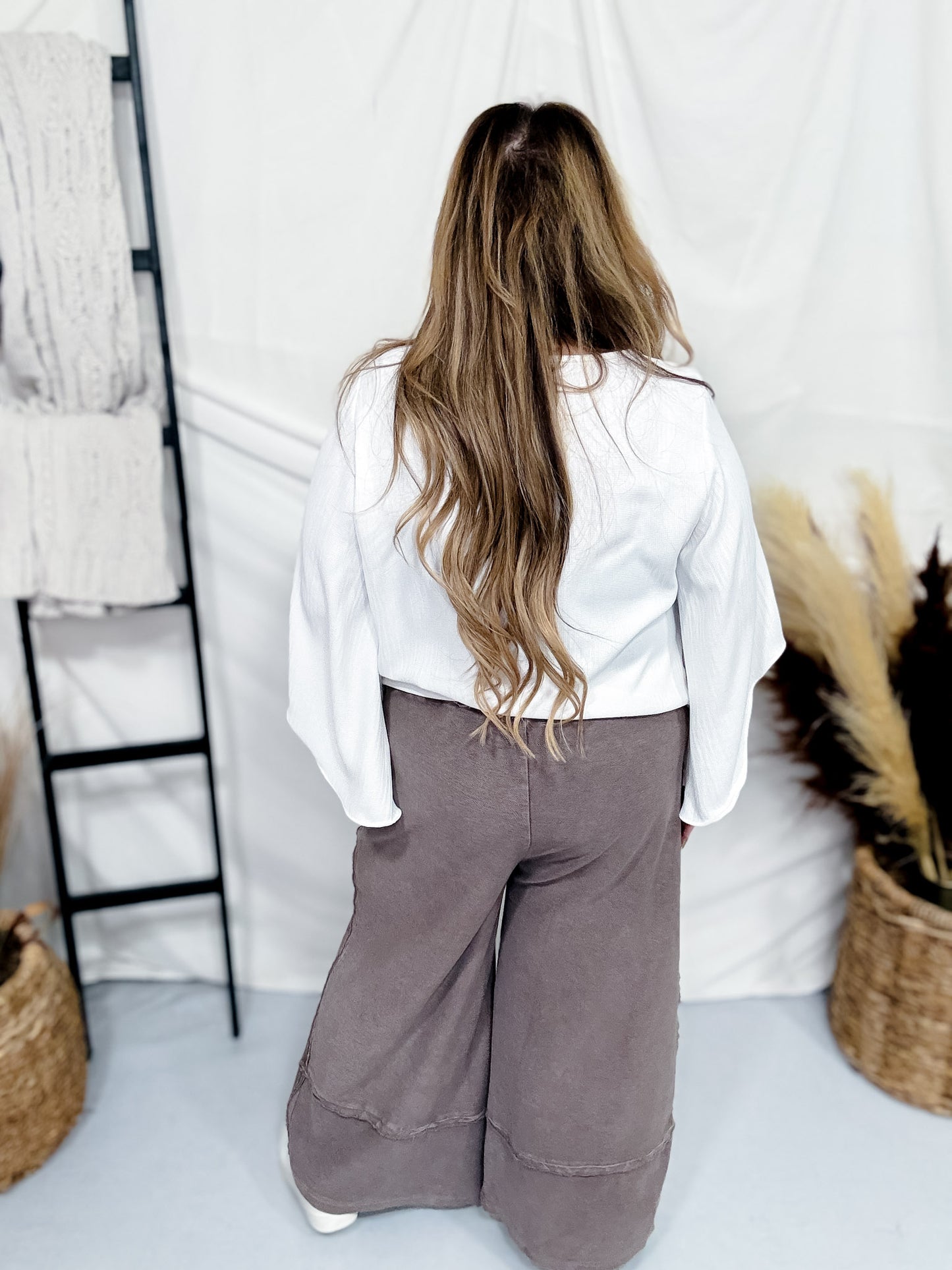 Espresso Brown Mineral Washed Terry Knit Palazzo Pants
