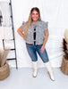 Ruffled Edge Floral Print Denim Vest With Tie Front