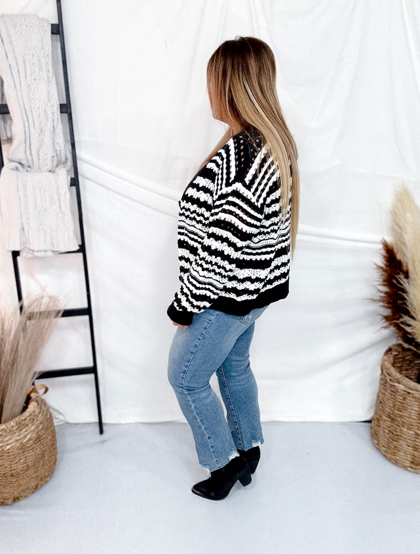 Long Sleeve Knit Black & White Cardigan W/ Button Down Front