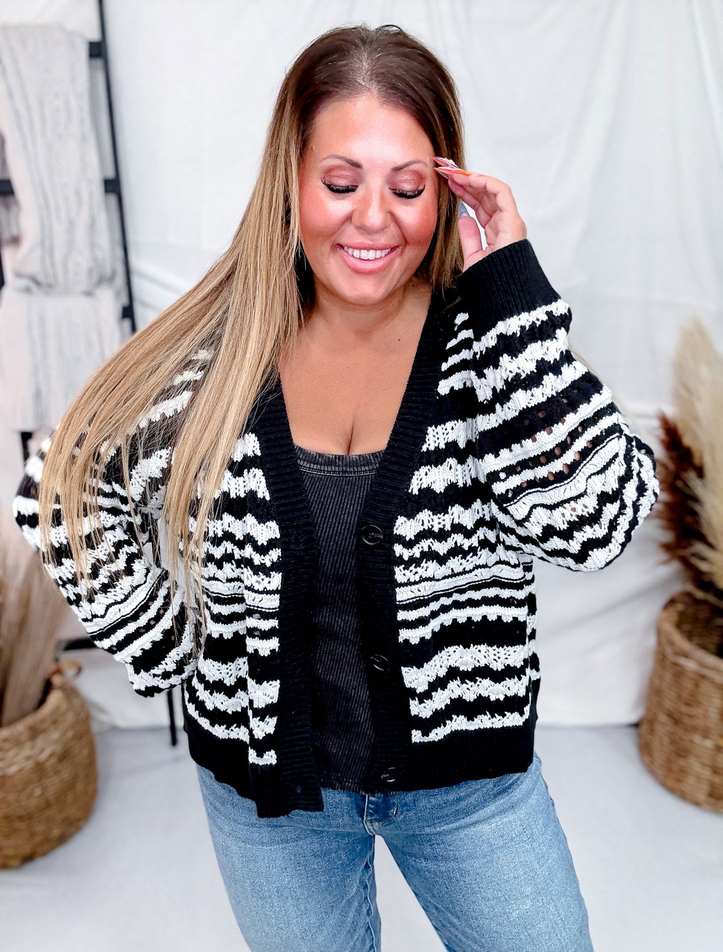 Long Sleeve Knit Black & White Cardigan W/ Button Down Front
