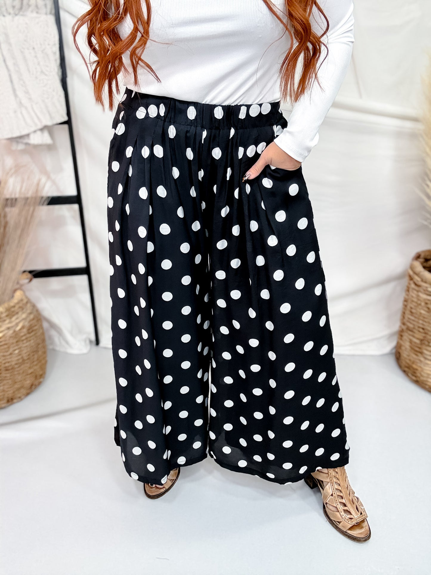 Black & White Polka Dot Pleated Cropped Wide Leg Pants