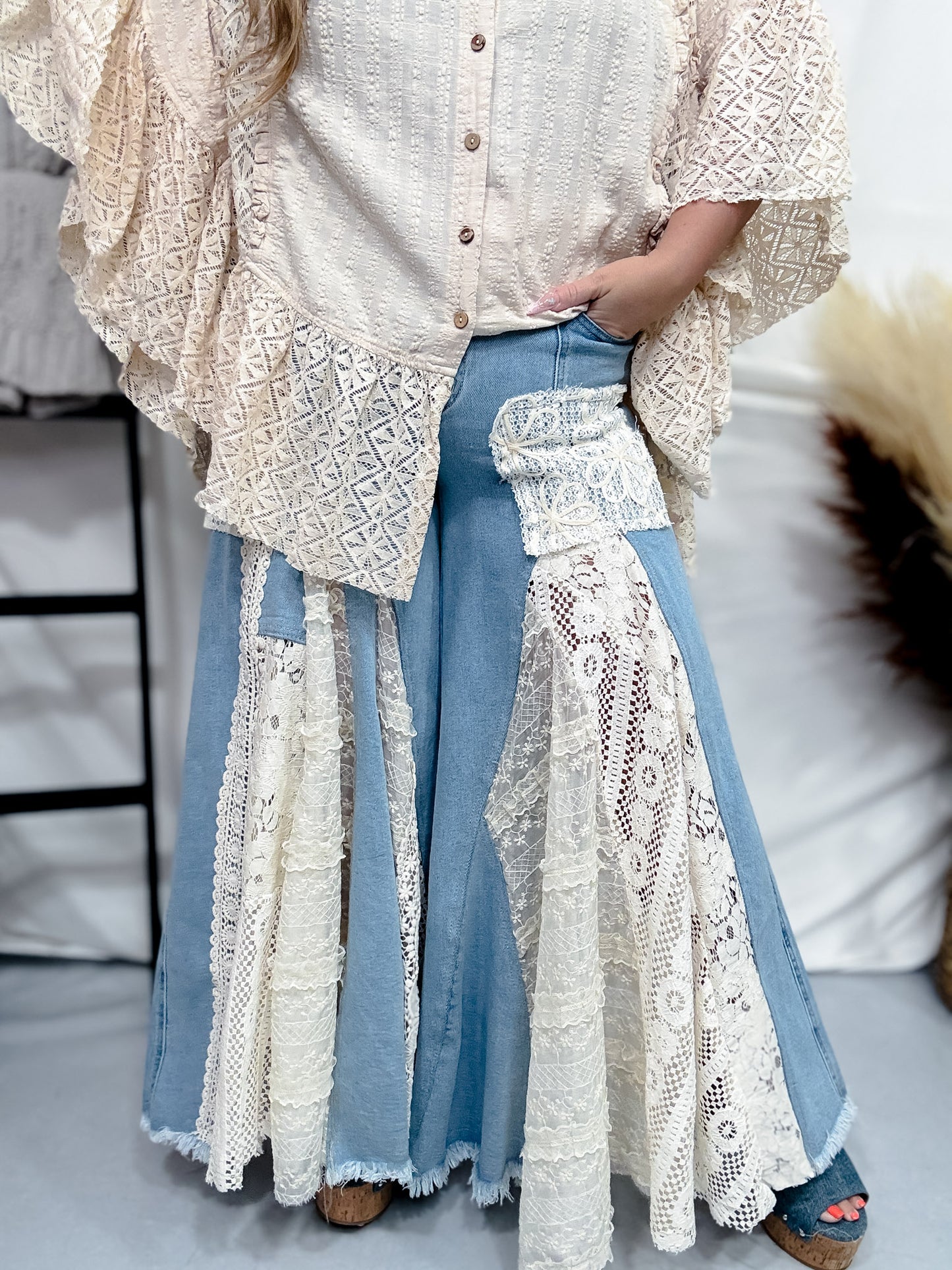 Denim and Lace Wide Leg Flare Pants