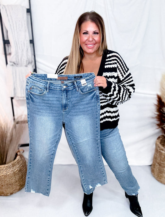 Judy Blue Mid-Rise Vintage Wash Distressed Hem Kick Flare Jeans