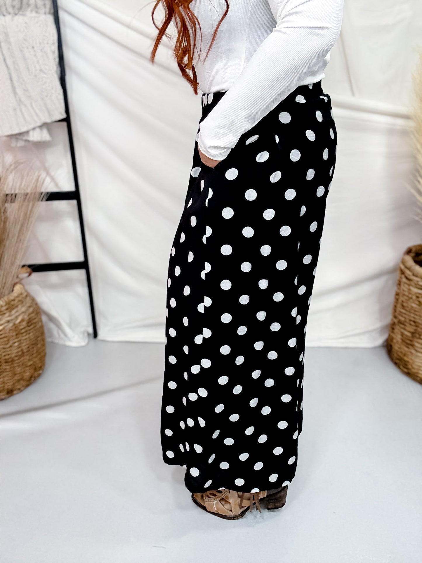 Black & White Polka Dot Pleated Cropped Wide Leg Pants