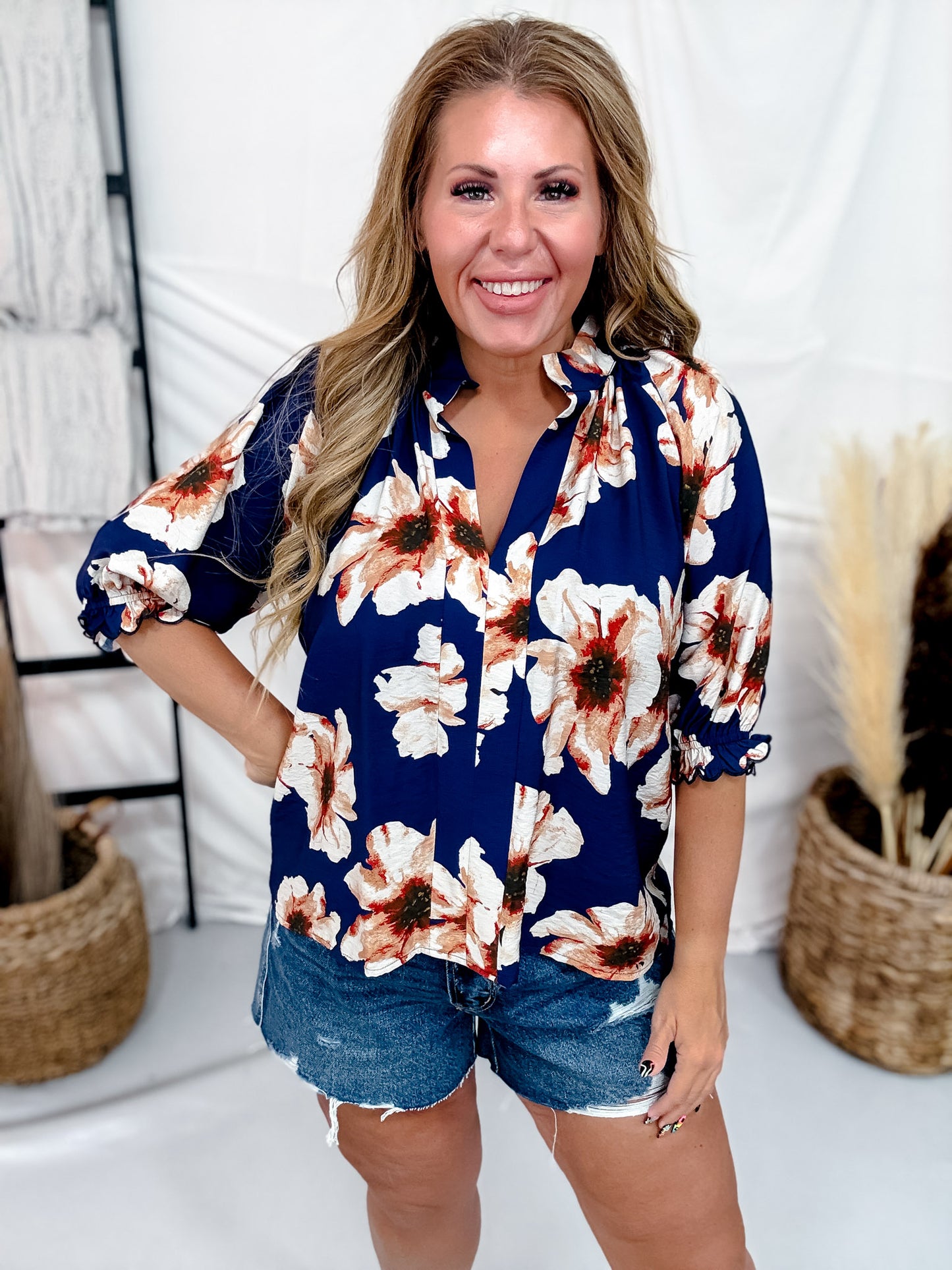 Navy & Cream Floral Print Split V-Neck Blouse