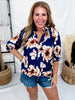 Navy & Cream Floral Print Split V-Neck Blouse