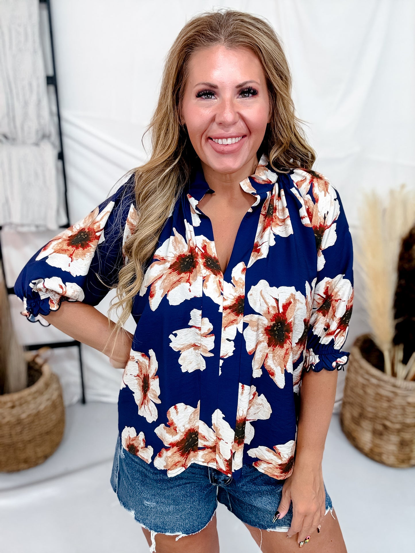 Navy & Cream Floral Print Split V-Neck Blouse